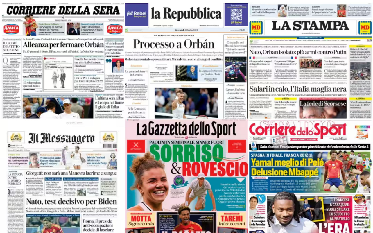 Le prime pagine dei quotidiani di oggi 10 luglio
